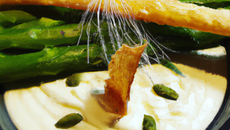 Crème d'asperges vertes, chantilly à l'Espelette & tuile au parmesan