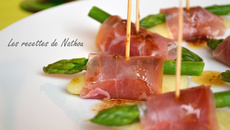 Bouchées asperges et melon, vinaigrette moutarde-balsamique