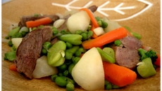 Jeunes légumes sautés au wok et émincé de canard