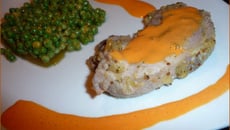 Selle d'Agneau aux arômes de Moutarde, Fine Gelée de Menthe avec ses Petits Pois, Ecume légère de Poivron façon Sabayon