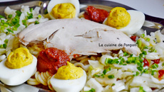 Salade de fenouil aux tomates séchées, œufs durs farcis et filet de pintade