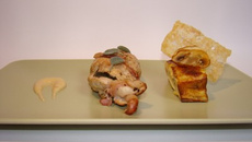 Tresse de pintade fumée, tomates séchées et sauge, lasagnes de pomme de terre et champignons au parmesan, petite tuile parfumée à la muscade