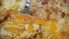 Gratin de potimarron au lait de coco, huile de pistache et pignons de pin