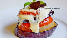 Petite tour de tomate, aubergine et oignon