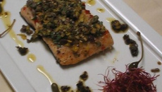 Saumon grillé à l'Italienne, Purée de Cresson et Salade de Blé courte, Germes de Betteraves et Câprons