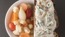 Légumes racines acidulés, tartine de béchamel Saint-Agur et noix