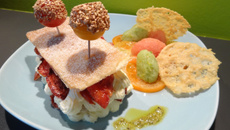 Du soleil dans l'assiette, sorbets aux tomates et mille-feuille citron-basilic-tomate à l'huile d'olive de Nyons AOP