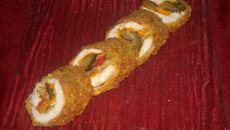 Croustillant de poulet aux légumes et mimolette, panées au corn flakes