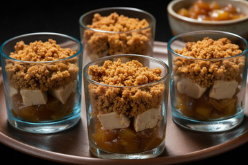 Verrines de foie gras, compotée de pommes et crumble de pain d'épice