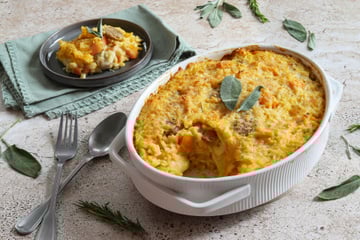 Gratin de risotto au Butternut et aux saucisses