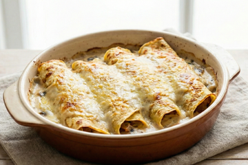 Le plat parfait du dimanche soir : des crêpes fourées aux tranches végé, béchamel et champignons