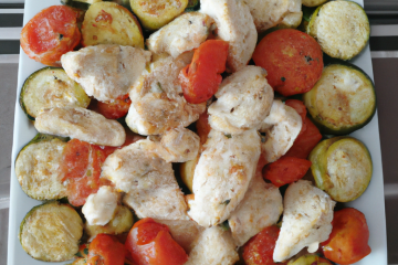 Blancs de poulet, tomates grillées et courgettes marinées