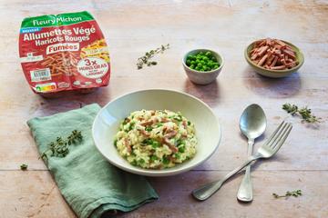 Risotto printanier aux petits pois et aux allumettes végé fumées