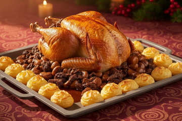 Dinde de Noël aux marrons, sa sauce aux morilles et ses pommes duchesse