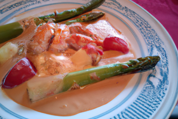 Ragoût de homard bleu aux marrons cassés du Périgord, Jus crémeux au whisky, poireaux gallois et asperges d'ici