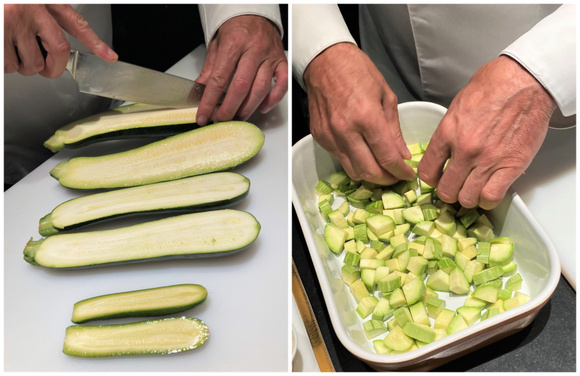 Au milieu, courgette de taille idéale, en haut, on voit la présence de plus de graines à la place de la chair