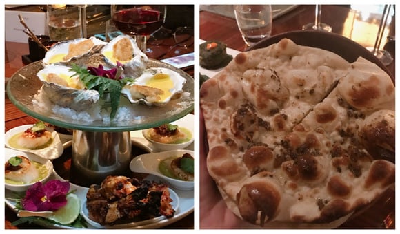 Crevettes tandoori, Saint-Jacques snackées et huîtres grillées / Naan 
