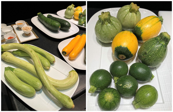 Courgettes longues à gauche dont une courgette trompette et courgettes rondes à droite