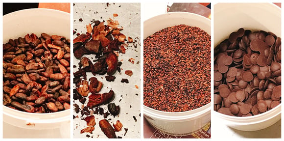 Fèves torréfiées, éclats de fèves, grué de cacao et pistoles de chocolat 