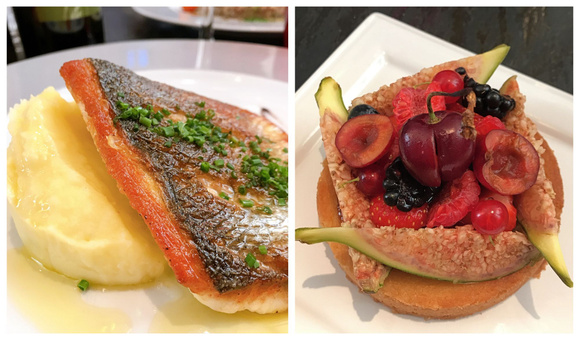 Filet de bar, purée à l'huile d'olive et tarte aux figues