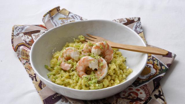 Risotto de coquillettes au bouillon de crustacés & gambas