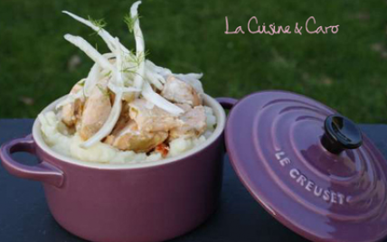 Cassolette de saumon en cru-cuit de fenouil sur purée au raifort