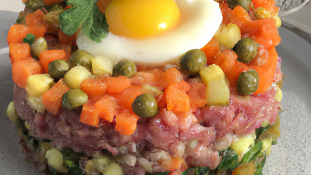 Tartare de légumes à la Fourme d'Ambert et œuf de caille poché