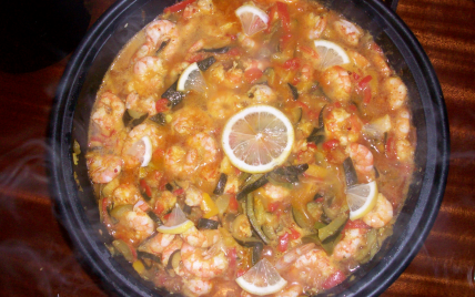 Tajine aux crevettes et petits légumes