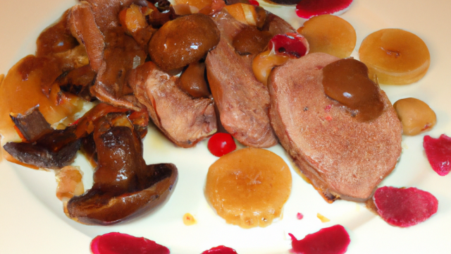 Magret de canard cuit sur sa peau, Princesse Amandine sautées à cru aux girolles, jus de veau à la gelée de fruits rouges