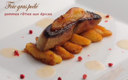 Foie gras aux pommes rôties et émulsions aux épices