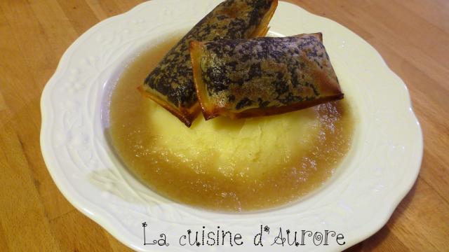 L'île aux trésors : nems de boudin noir sur purée de pomme de terre, nage de poire