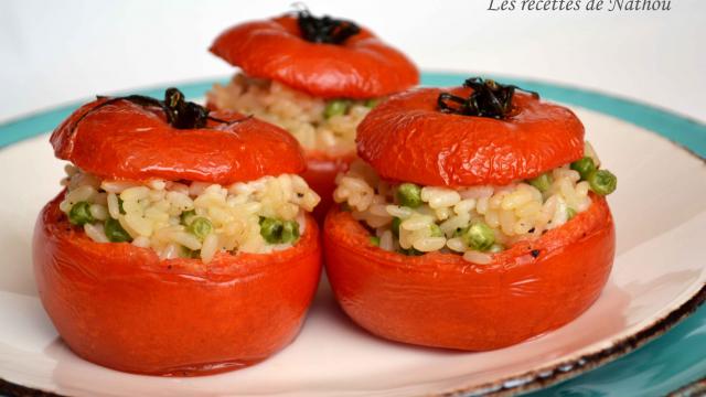 Tomates farcies au risotto, mascarpone, parmesan et petits pois