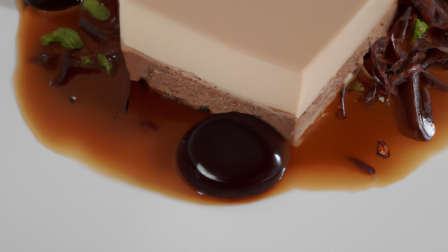 Flan de haricots blancs, crème de pruneaux et gelée chocolat