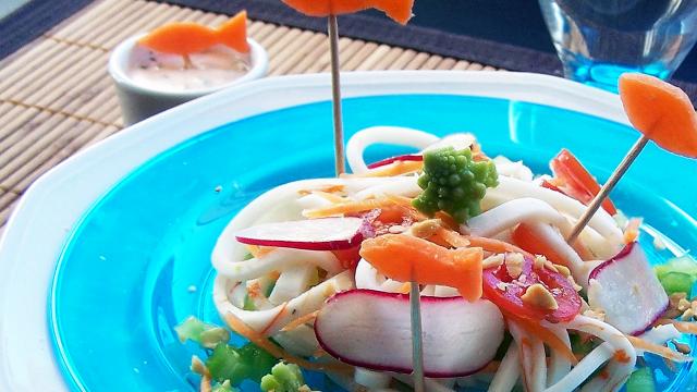 Spaghettis et Tranches de la Mer Coraya aux légumes croquants