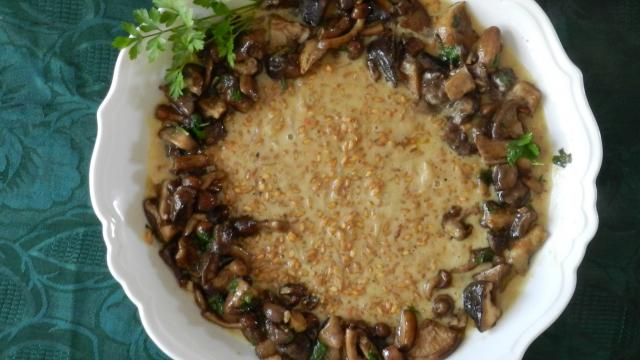 Risotto d'épeautre aux champignons, jus d'un rôti