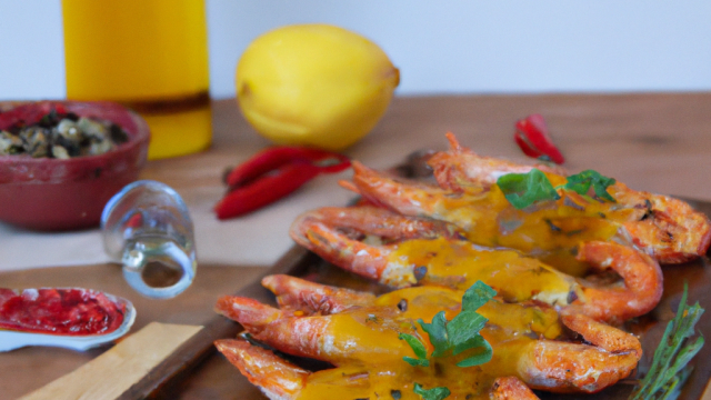 Plancha de  crevettes marinées à la moutarde ancienne Amora