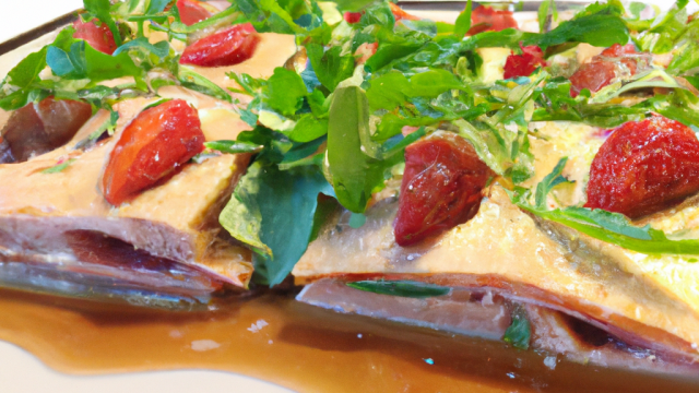 Lasagne de fraises et foie gras sur son lit d'huile de roquette