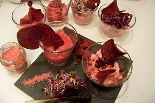 Verrines roses mousse de betterave et mousse de chou-fleur