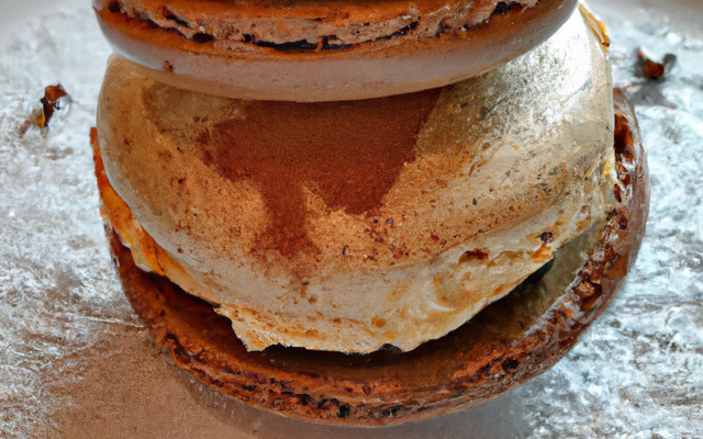 Un gros macaron café  sur une glace pain d'épices, miel marbré de moka