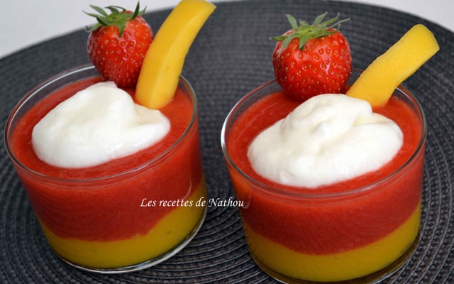 Mousses fraise et mangue, nuage de yaourt vanillé