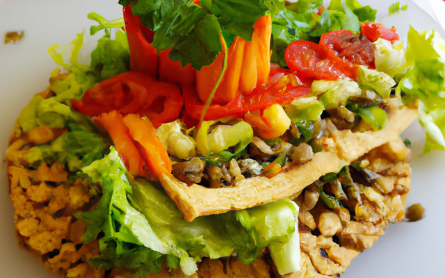 Brunch végétarien, mille-feuilles de céréales croustillantes aux crudités