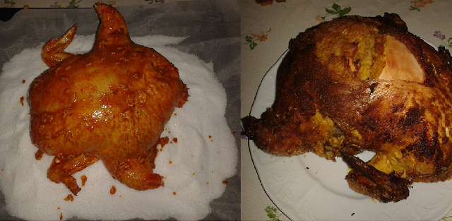 Poulet farci rôti sur une neige de sel