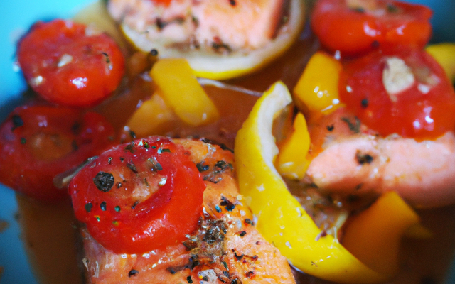 Saumon à la fondue de tomates, poivrons et citron confit.