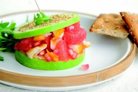 Burger de pomme verte, pamplemousse de Floride, haddock et grenade