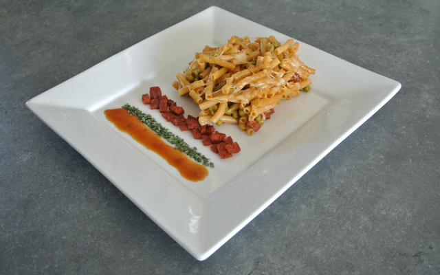 Gratin de macaroni au petits pois comté et chorizo
