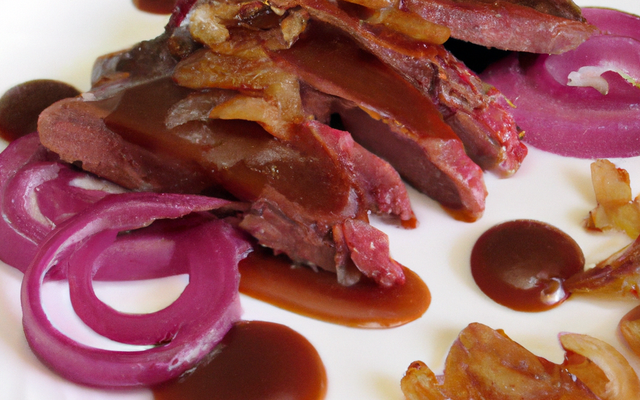 Magret de canard et sa sauce au miel et oignons rouges