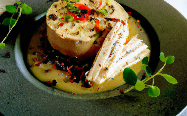 Mousse de thon sur bavarois de poivrons et sablé à l'origan, glaçage sauce créoline