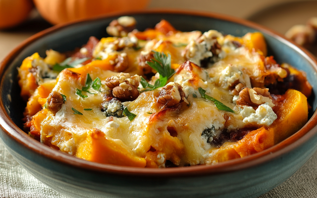Gratin de butternut, noix et roquefort