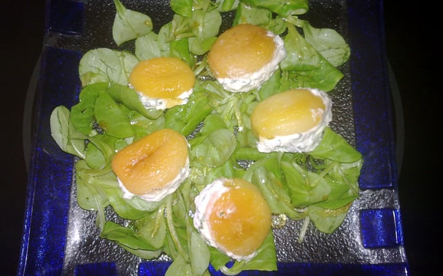 Abricots secs garnis de crème au chèvre sur verdure de grenade