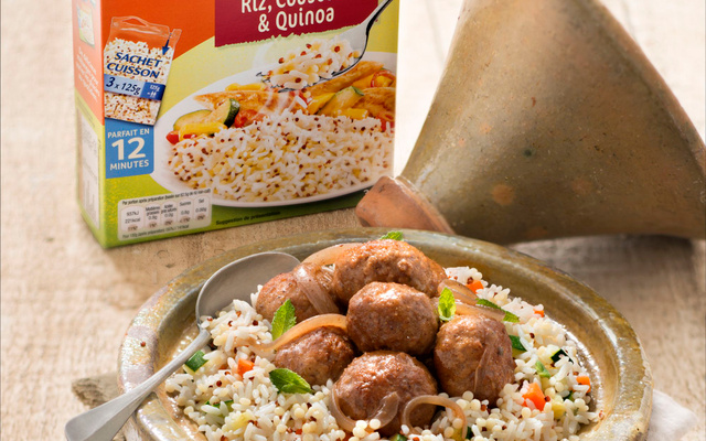 Boulettes de bœuf à la marocaine, riz, couscous et quinoa